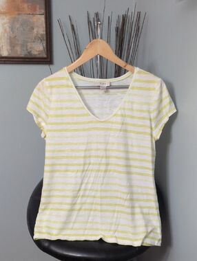 LOFT White and Light Yellow Striped V-Neck Tee